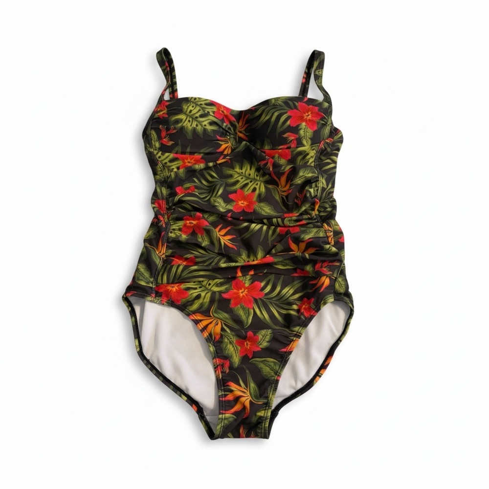 Nicole Miller Black Tropical Floral One-Piece Swimsuit with Red & Green Print